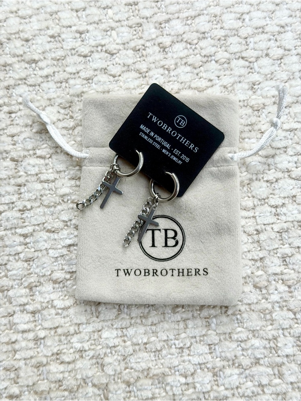 Two Brothers Mens Stainless Steel Hoop Earrings Cross Chain Dangle Pair Silver